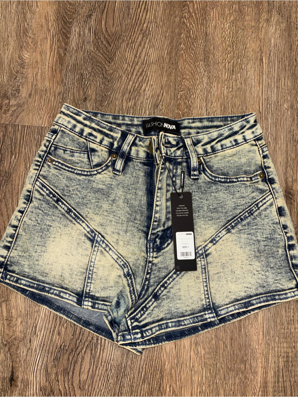 Fashion Nova Acid Wash Denim Shorts - Blue & Cream